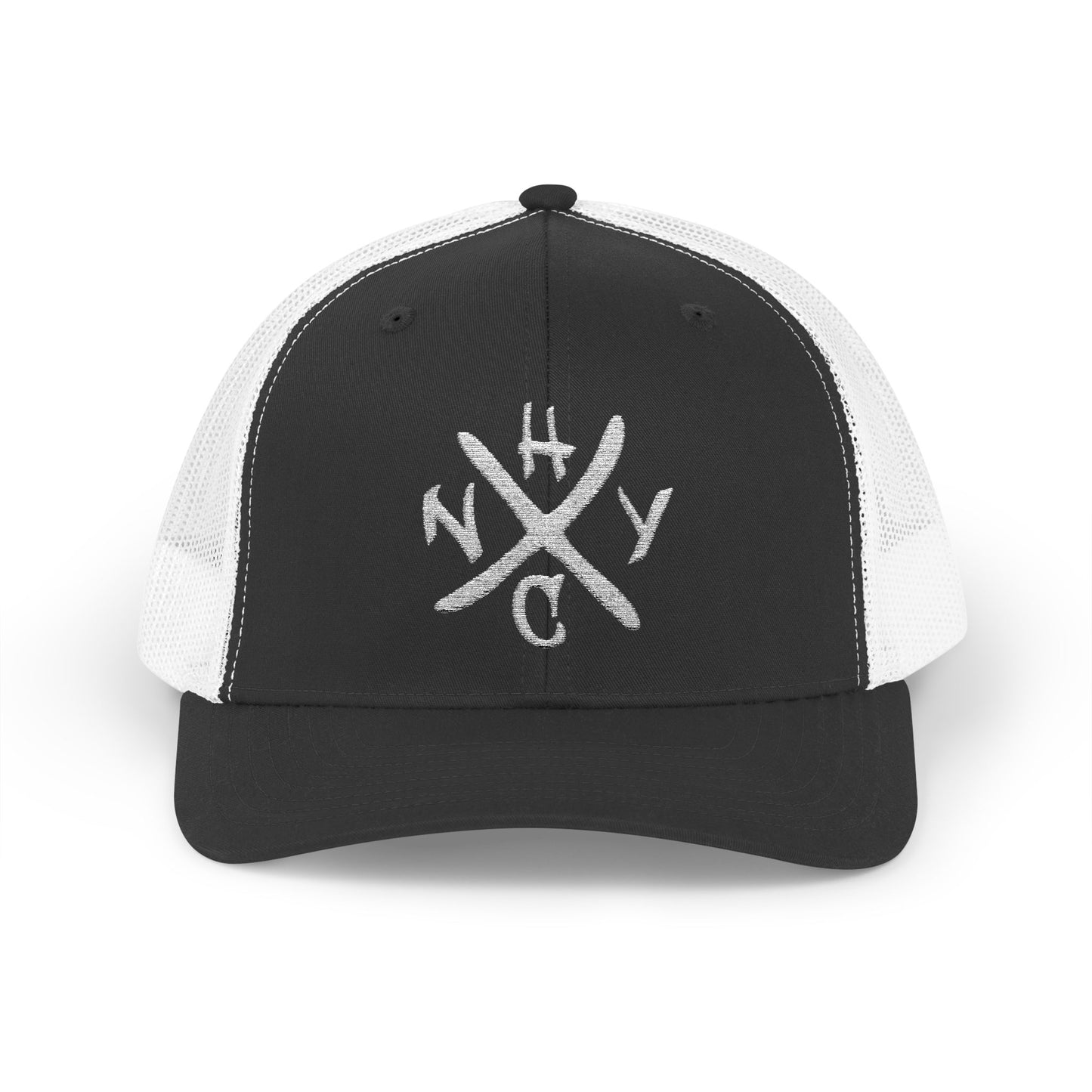 Black and white cap with a NYHC logo on a white background