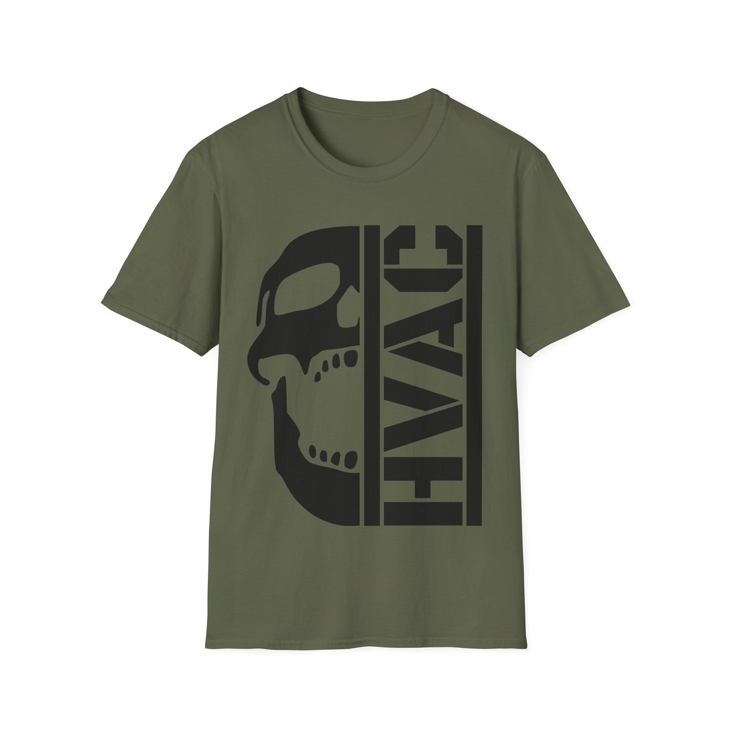 Green t-shirt with black skull and 'HVAC' text design on a white background