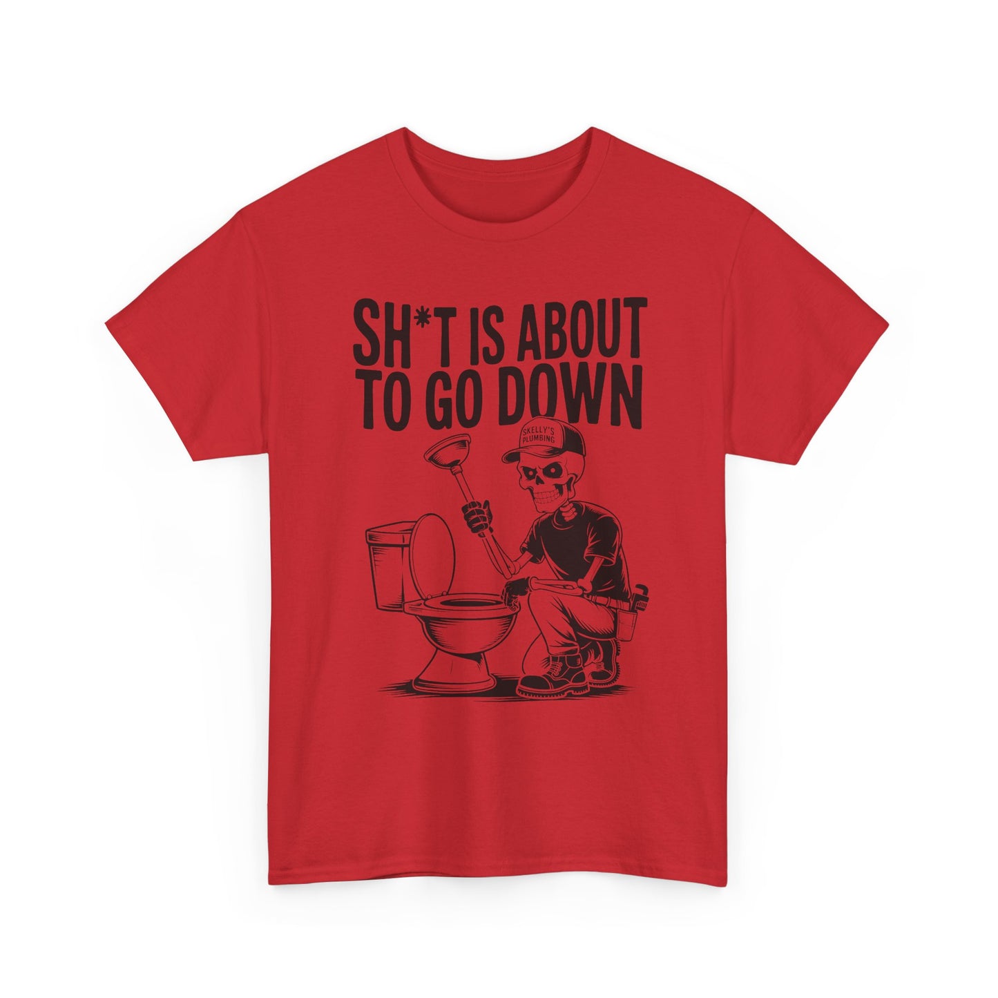 Red t-shirt with a graphic of a skeleton and text 'S*%T IS ABOUT TO GO DOWN' on a white background