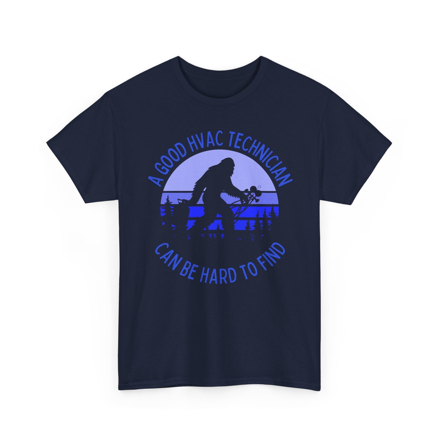 Navy Blue t-shirt with blue HVAC technician Bigfoot graphic and text on a white background