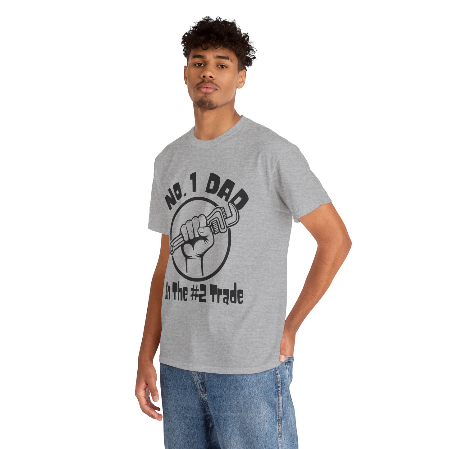 Man wearing a gray t-shirt with a graphic design on a white background