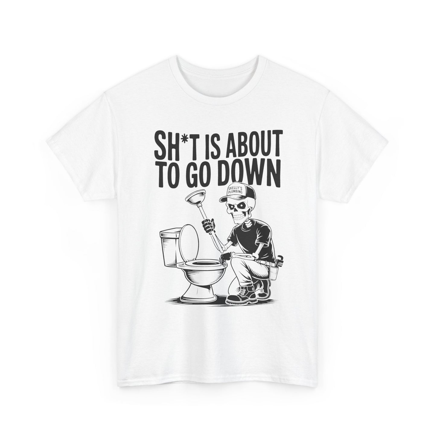 White t-shirt with a graphic of a skeleton and text 'S*%T IS ABOUT TO GO DOWN' on a white background