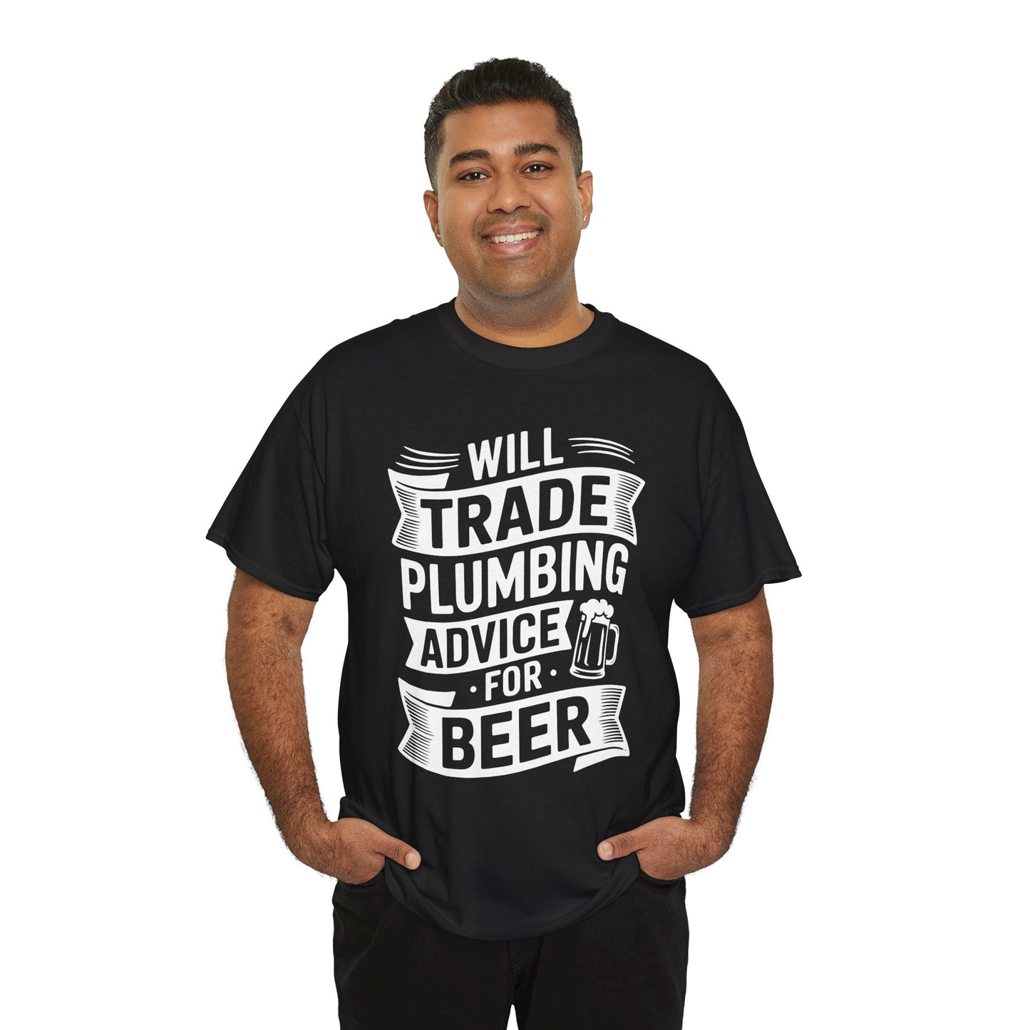 Man wearing a black t-shirt with white text on a white background