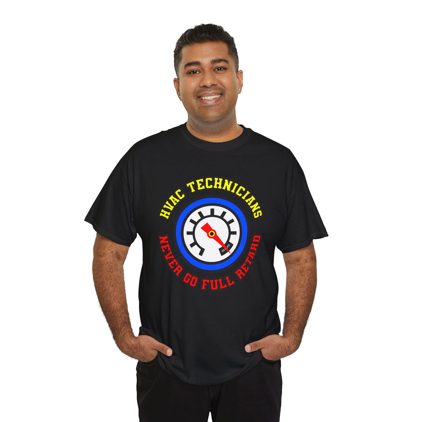 Man wearing a black t-shirt with HVAC technicians graphic and text