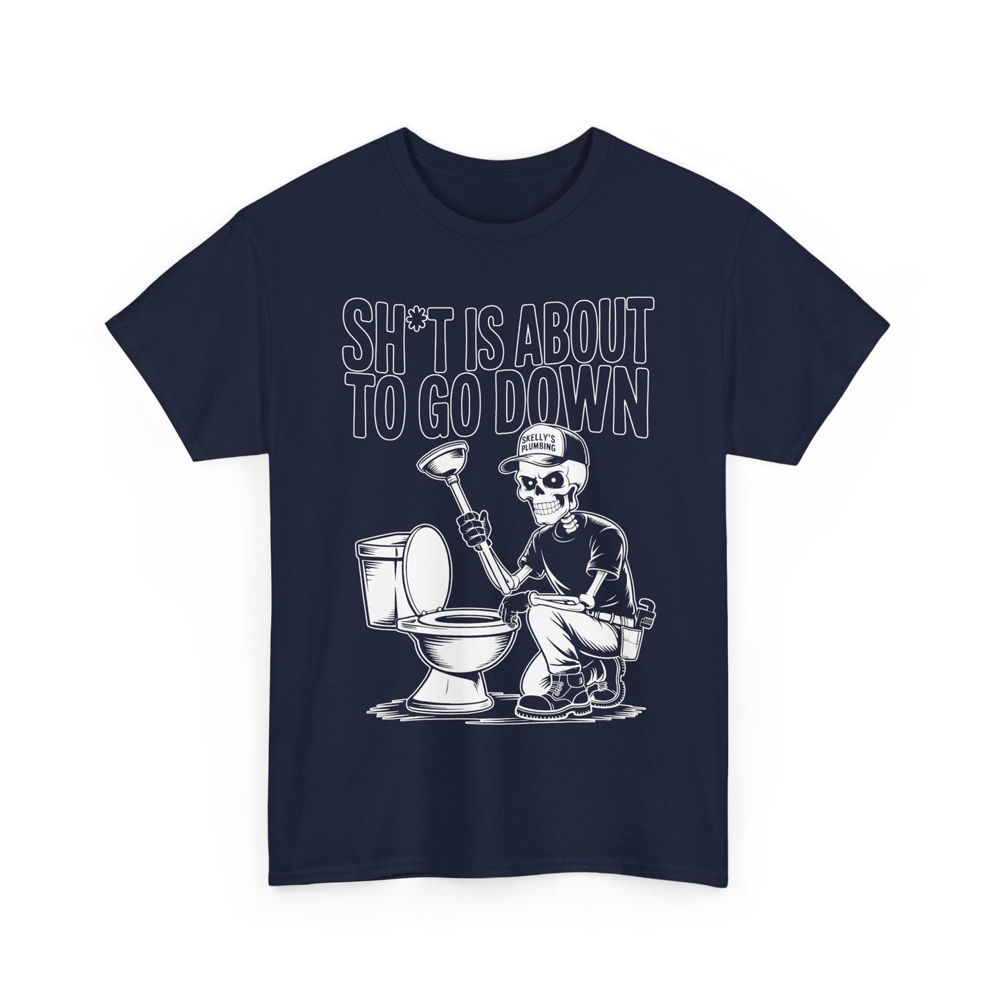 Navy blue t-shirt with a graphic of a skeleton cleaning a toilet and text 'Sh*t is about to go down' on a white background.