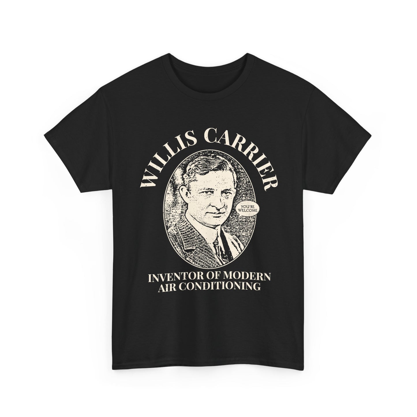 Black HVAC t-shirt with a graphic of Willis Carrier and text on a white background