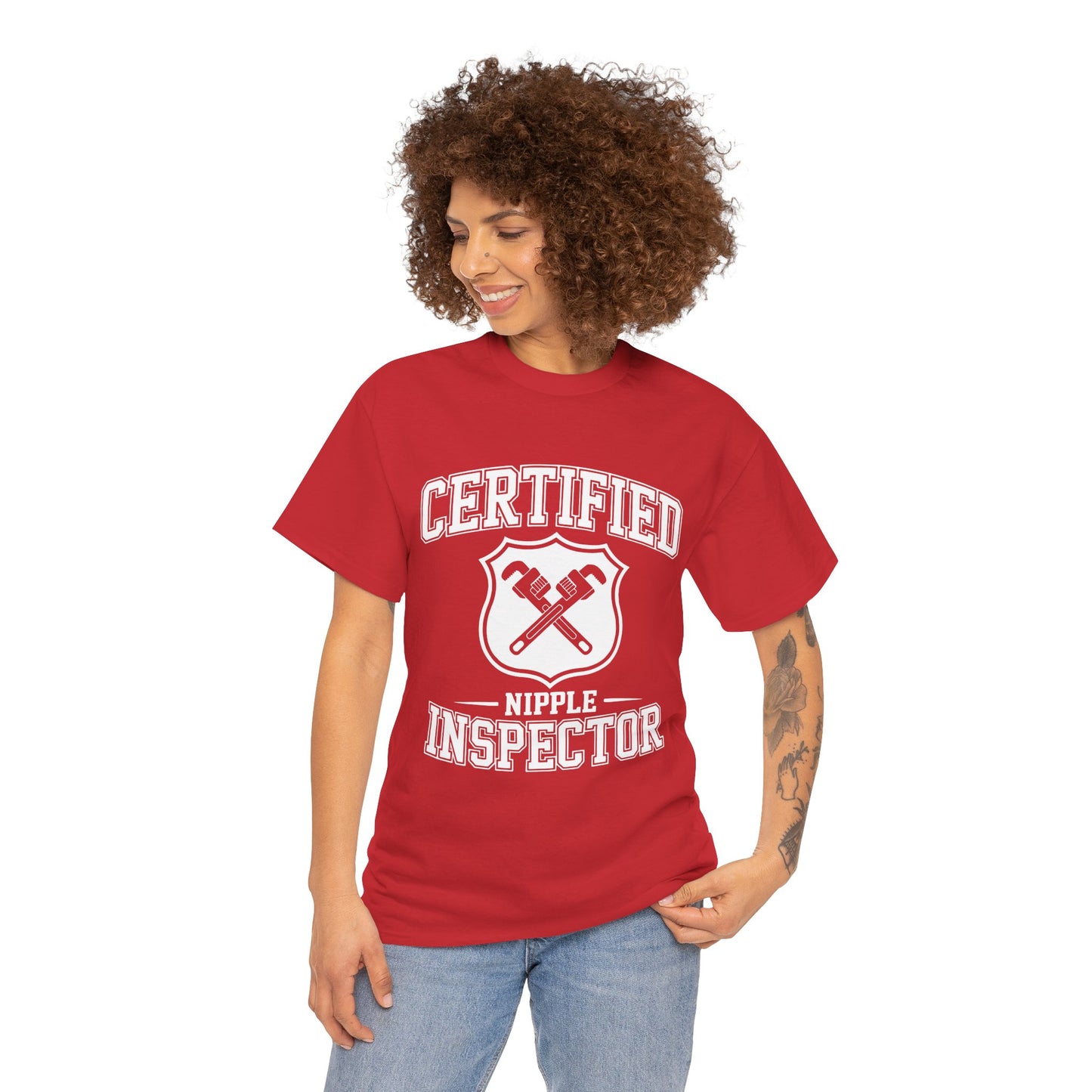Person wearing a red t-shirt with 'Certified Nipple Inspector' text on a white background