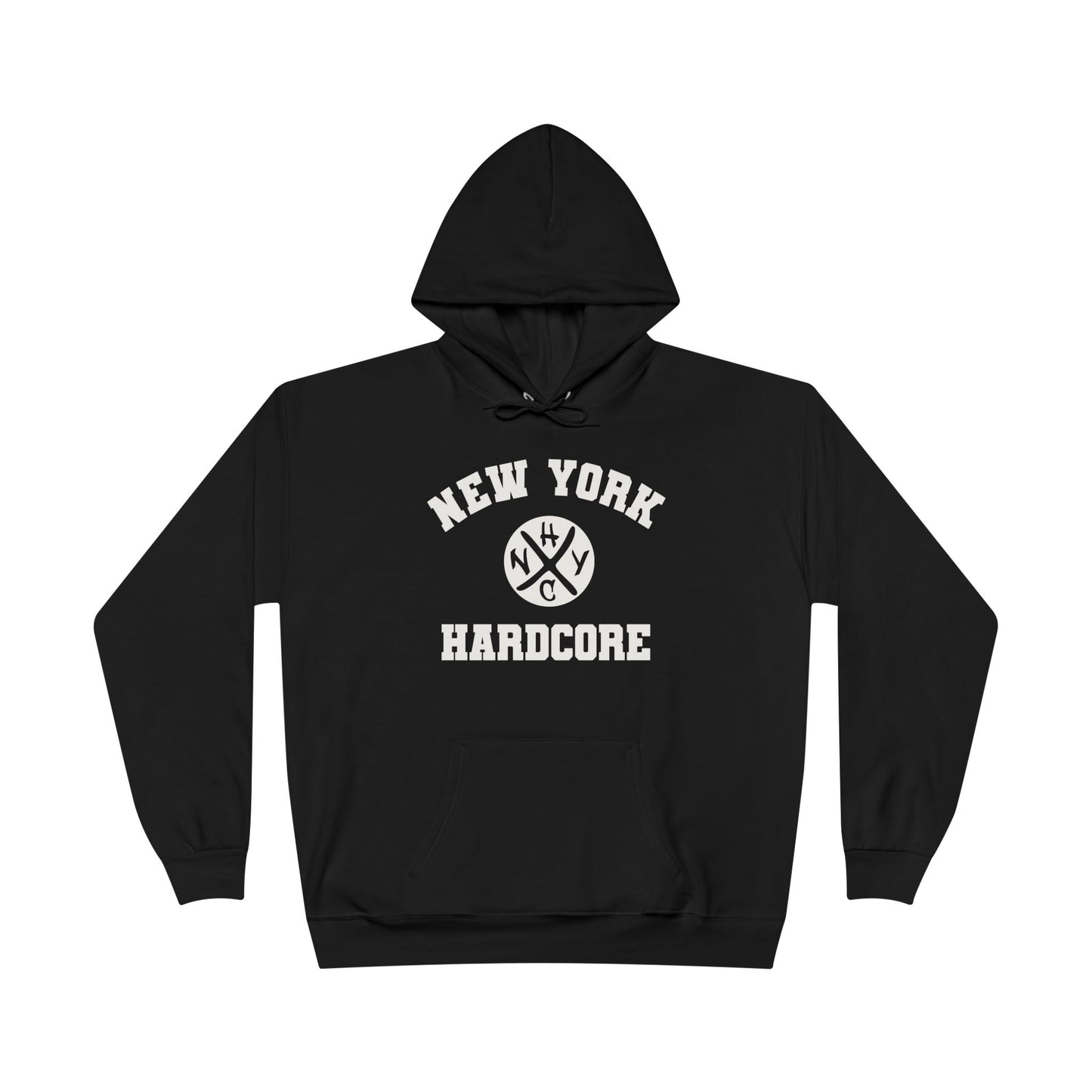 Black hoodie with 'New York Hardcore' text on a white background