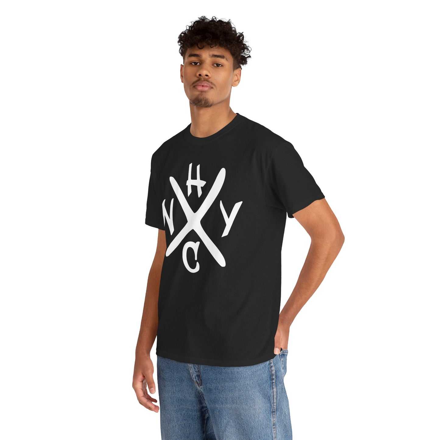 Person wearing a black t-shirt with a white NYHC logo on a white background