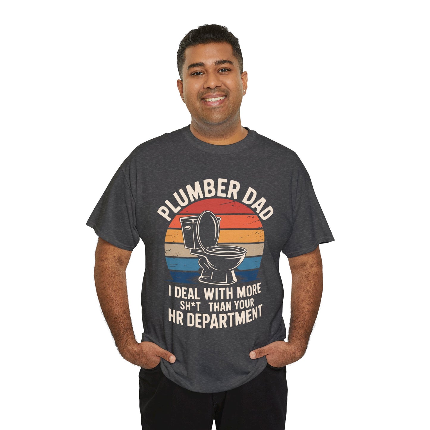 Man wearing a t-shirt with 'Plumber Dad' graphic and text on a white background
