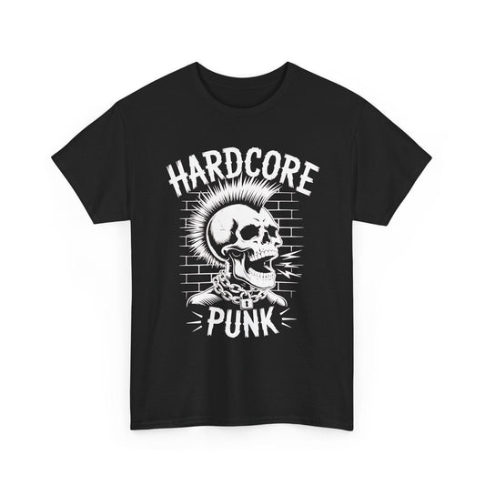 Black t-shirt with a skull and 'Hardcore Punk' text design on a white background