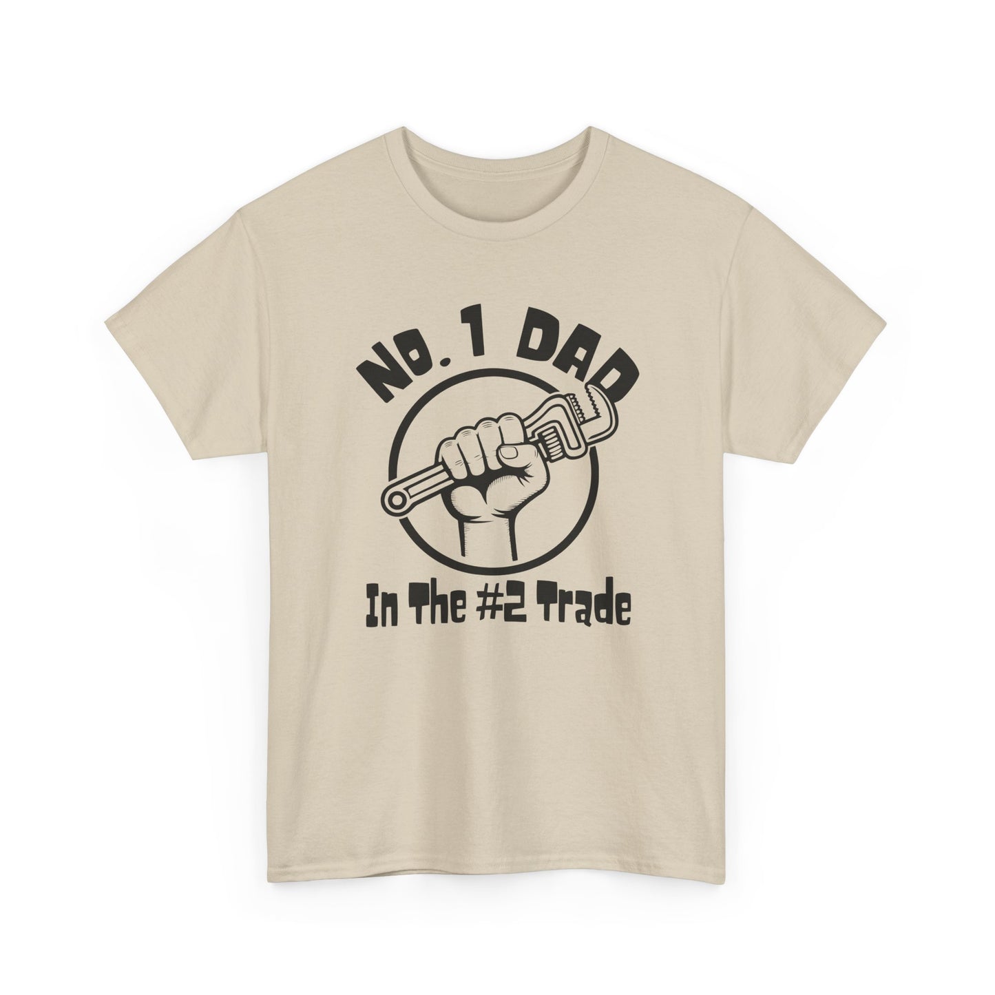 Beige t-shirt with black pipewrench graphic and Plumber dad text on a white background