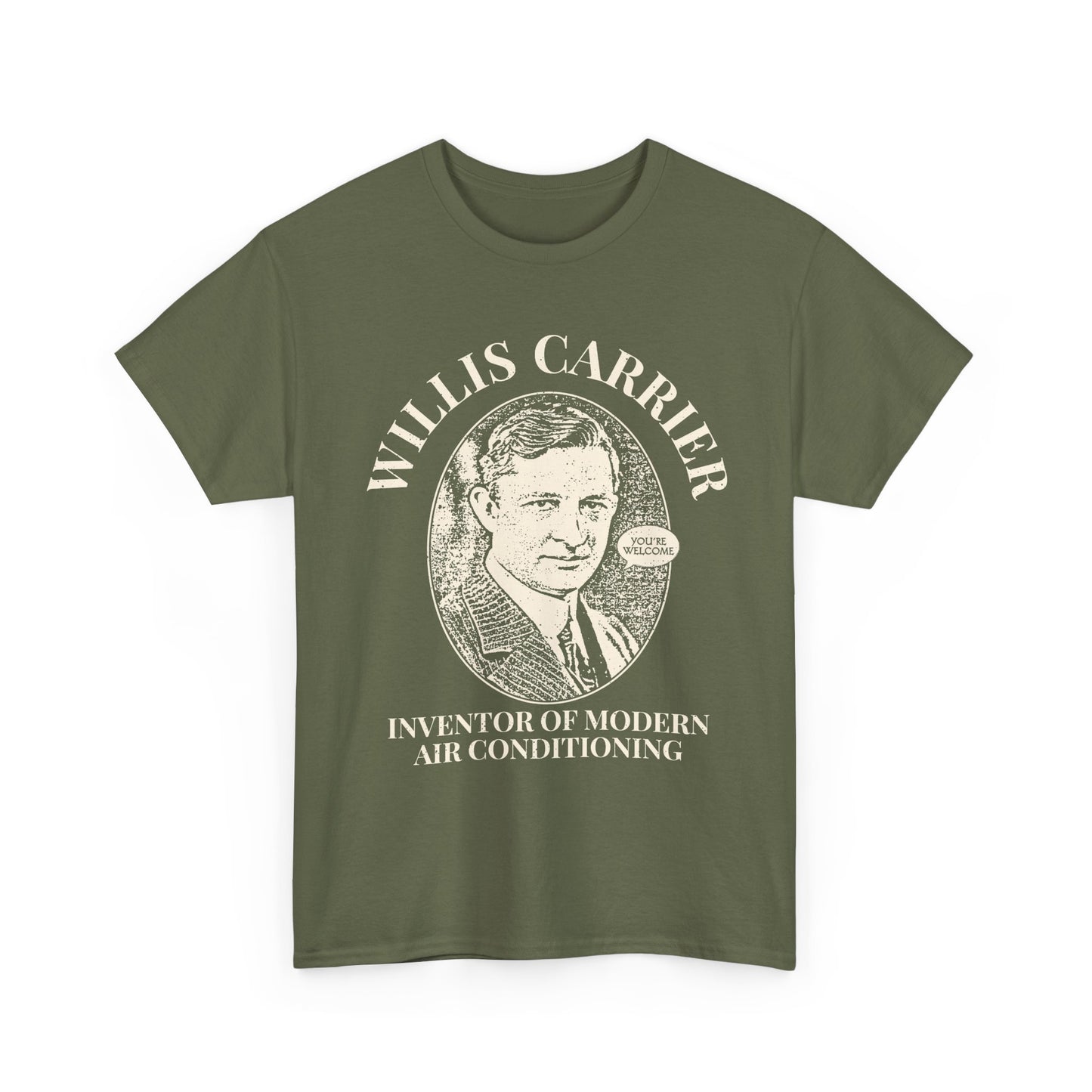 Green HVAC t-shirt with a graphic of Willis Carrier and text on a white background