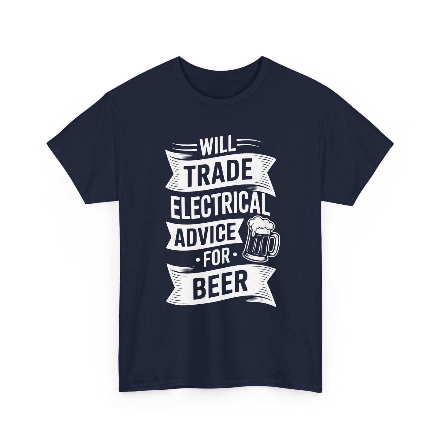 Navy Blue t-shirt with white text 'Electrical advice for beer' and graphic on a white background