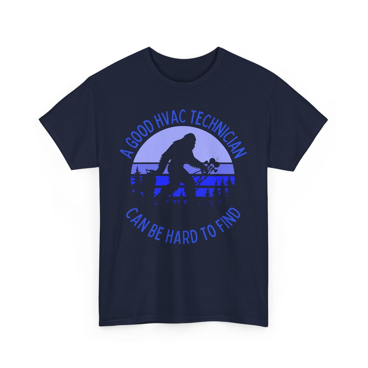 Navy Blue t-shirt with bigfoot graphic and funny HVAC text