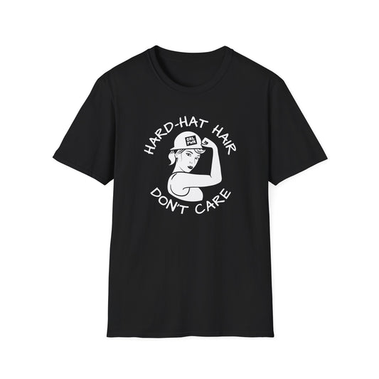Black t-shirt with 'Hard Hat Hair Don't Care' graphic on a white background