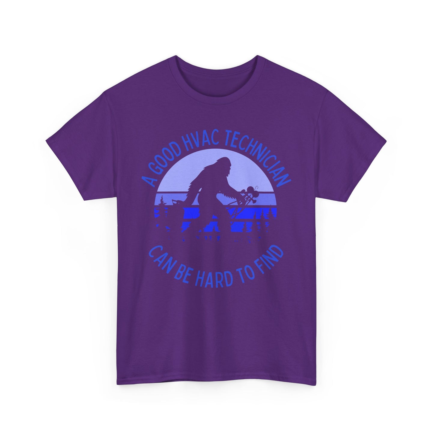 Purple t-shirt with bigfoot graphic and funny HVAC text