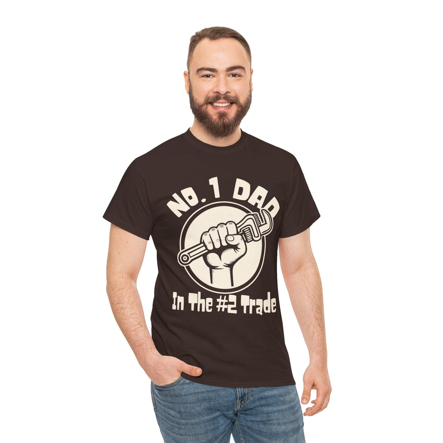 Man wearing a black t-shirt with 'No. 1 Dad in the #2 Trade' design on a white background
