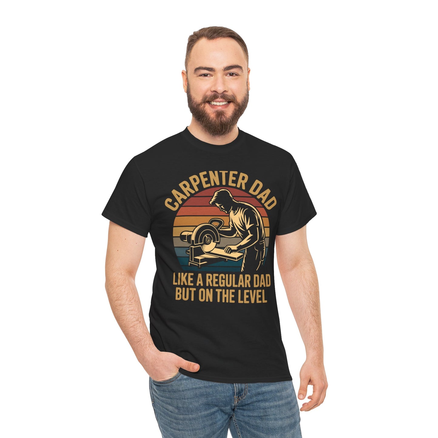 Man wearing a black t-shirt with a graphic of a carpenter dad and text on a white background
