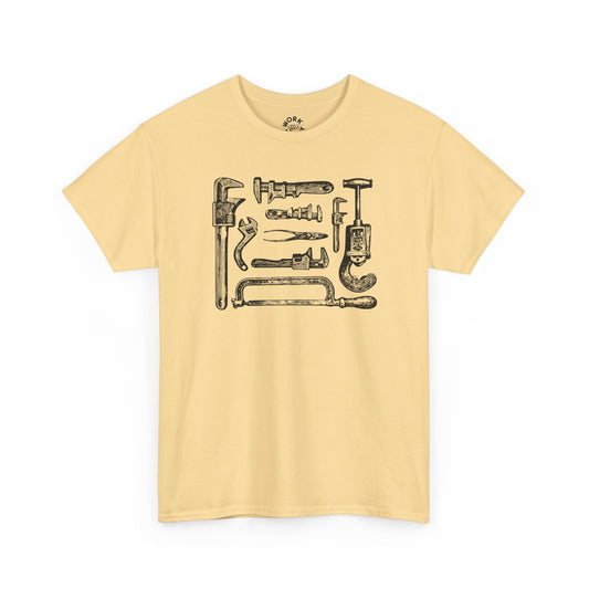 Yellow t-shirt with tool graphic on a white background