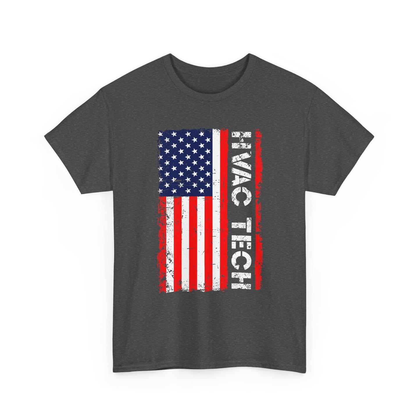 Dark gray t-shirt with American flag and 'HVAC TECH' text on a white background