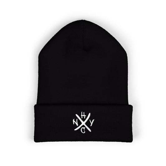 Black beanie with white NYHC logo on a white background