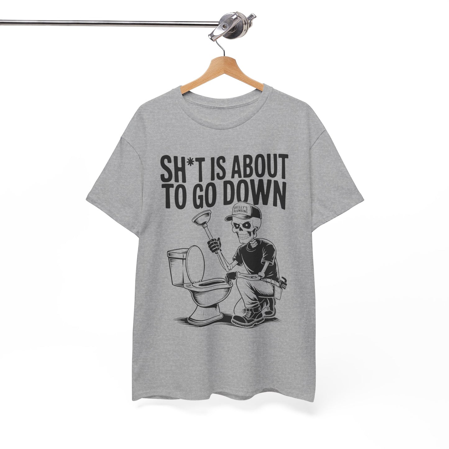 Gray t-shirt with graphic design and text on a hanger against a white background