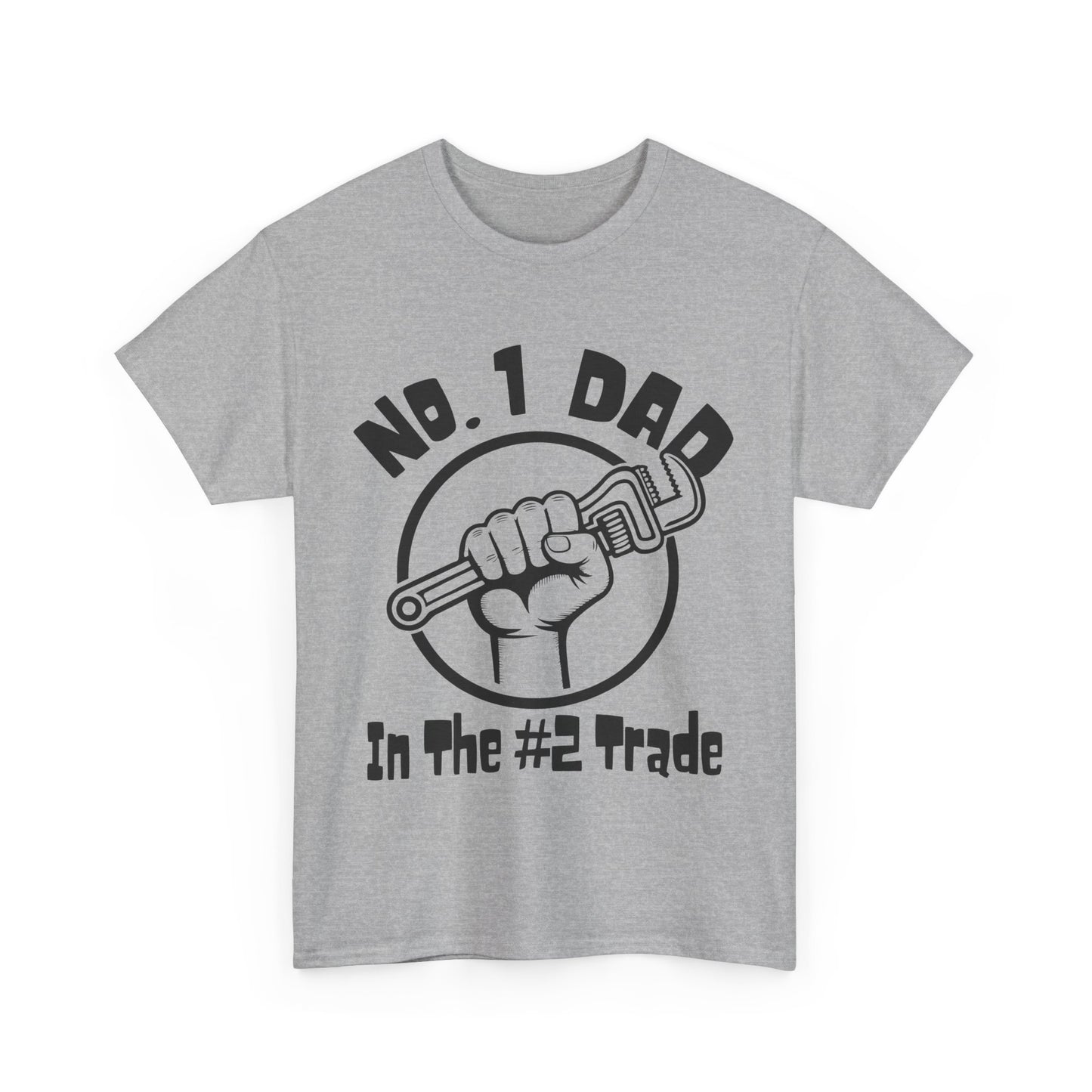 Gray t-shirt with black graphic and text 'No. 1 Dad in the #2 Trade' on a white background