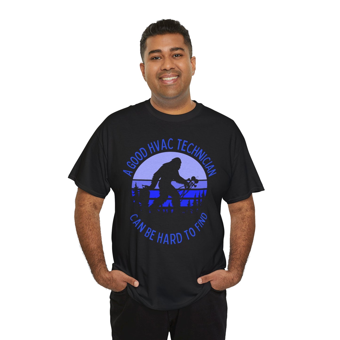 Man wearing a Black t-shirt with bigfoot graphic and funny HVAC text