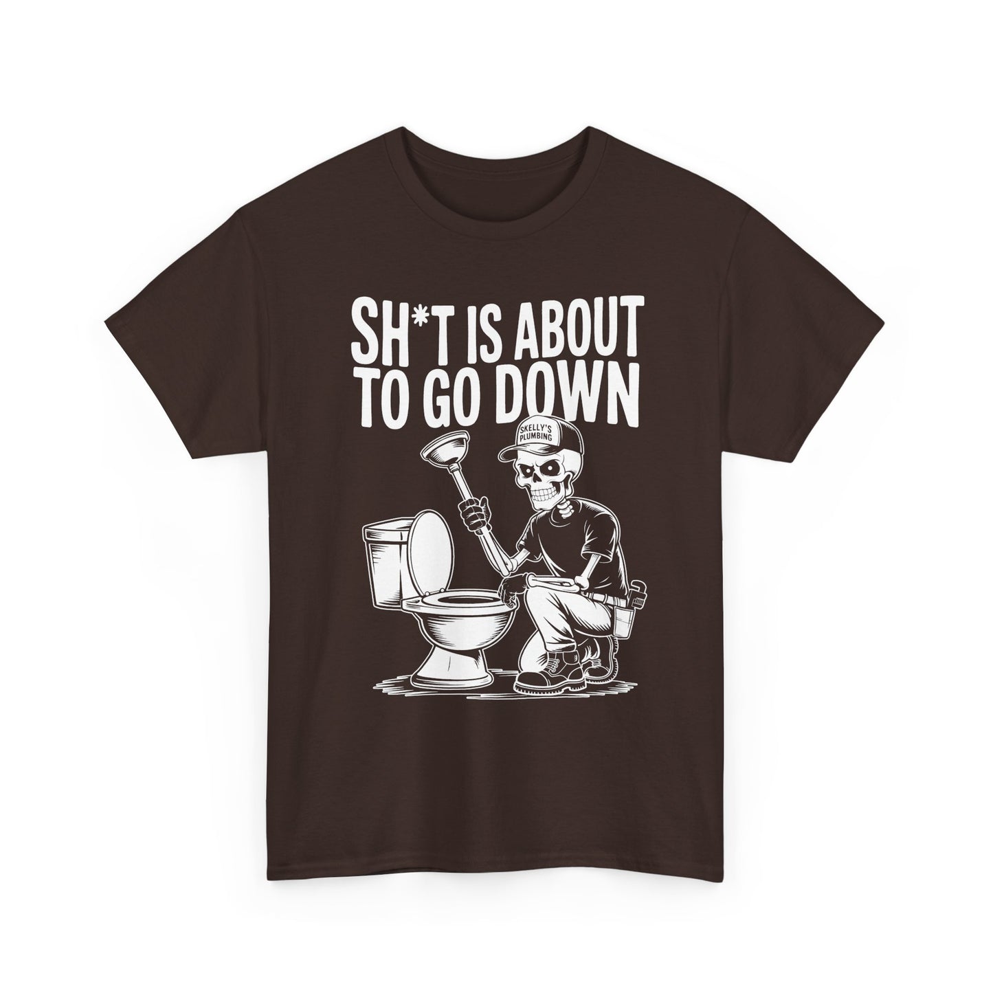 Brown t-shirt with skeleton graphic and text 'Sh*t is about to go down' on a white background