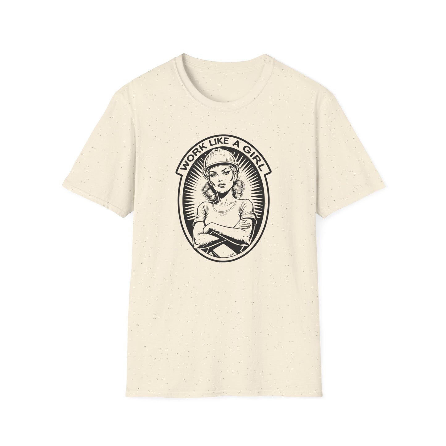 Beige t-shirt with graphic design and text 'Work Like a Girl' on a white background