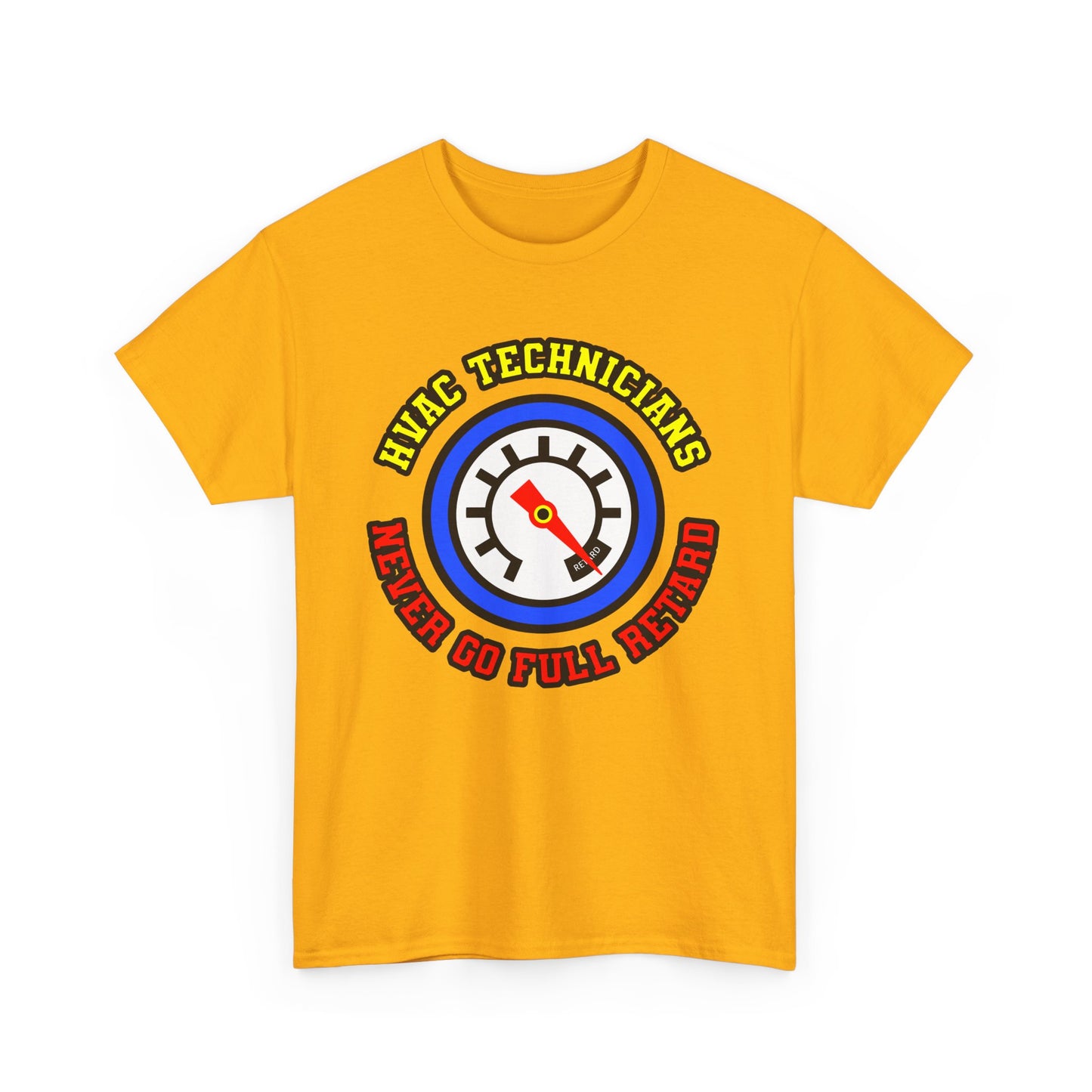Yellow t-shirt with HVAC technician graphic and text on a white background