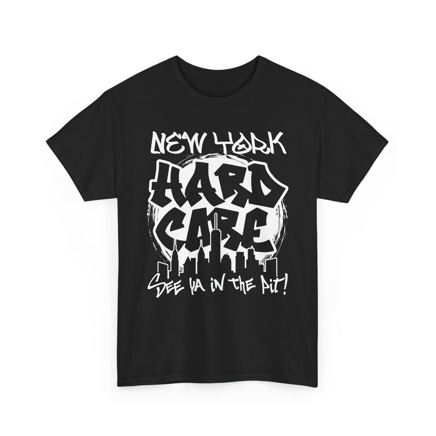 Black t-shirt with white NYHC graphic design and text on a white background