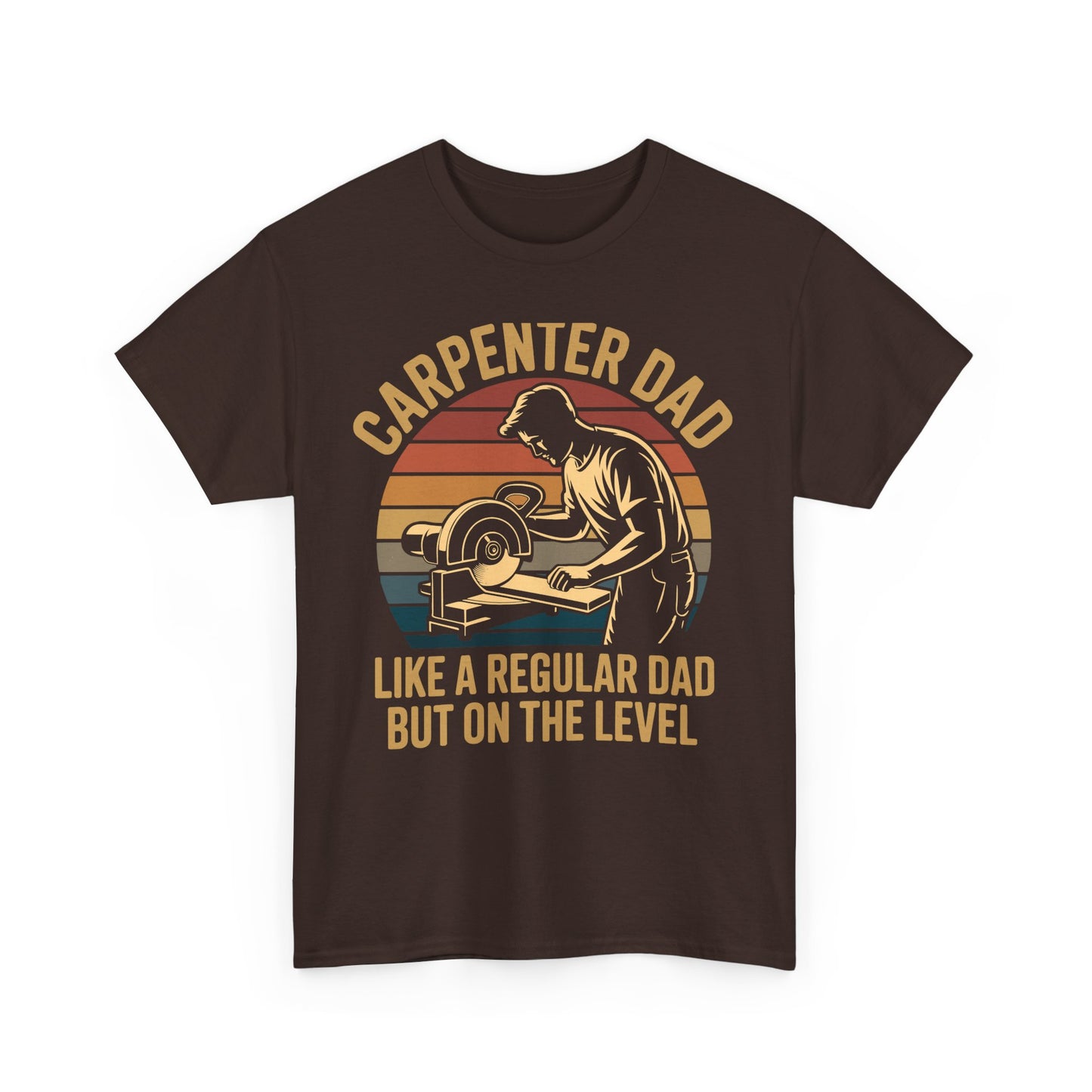 Brown t-shirt with a graphic of a carpenter dad and text on a white background
