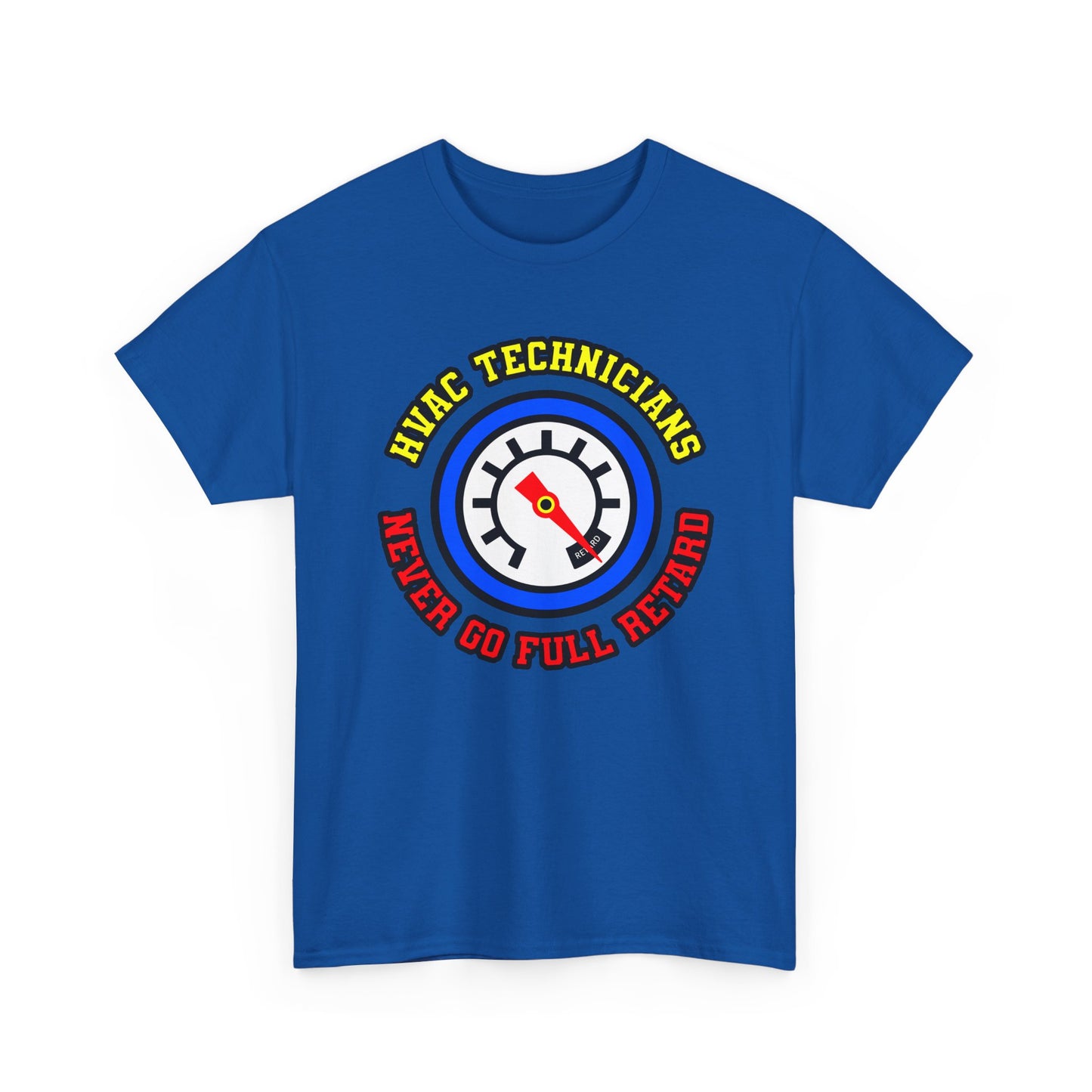 Blue t-shirt with HVAC technician graphic and text on a white background