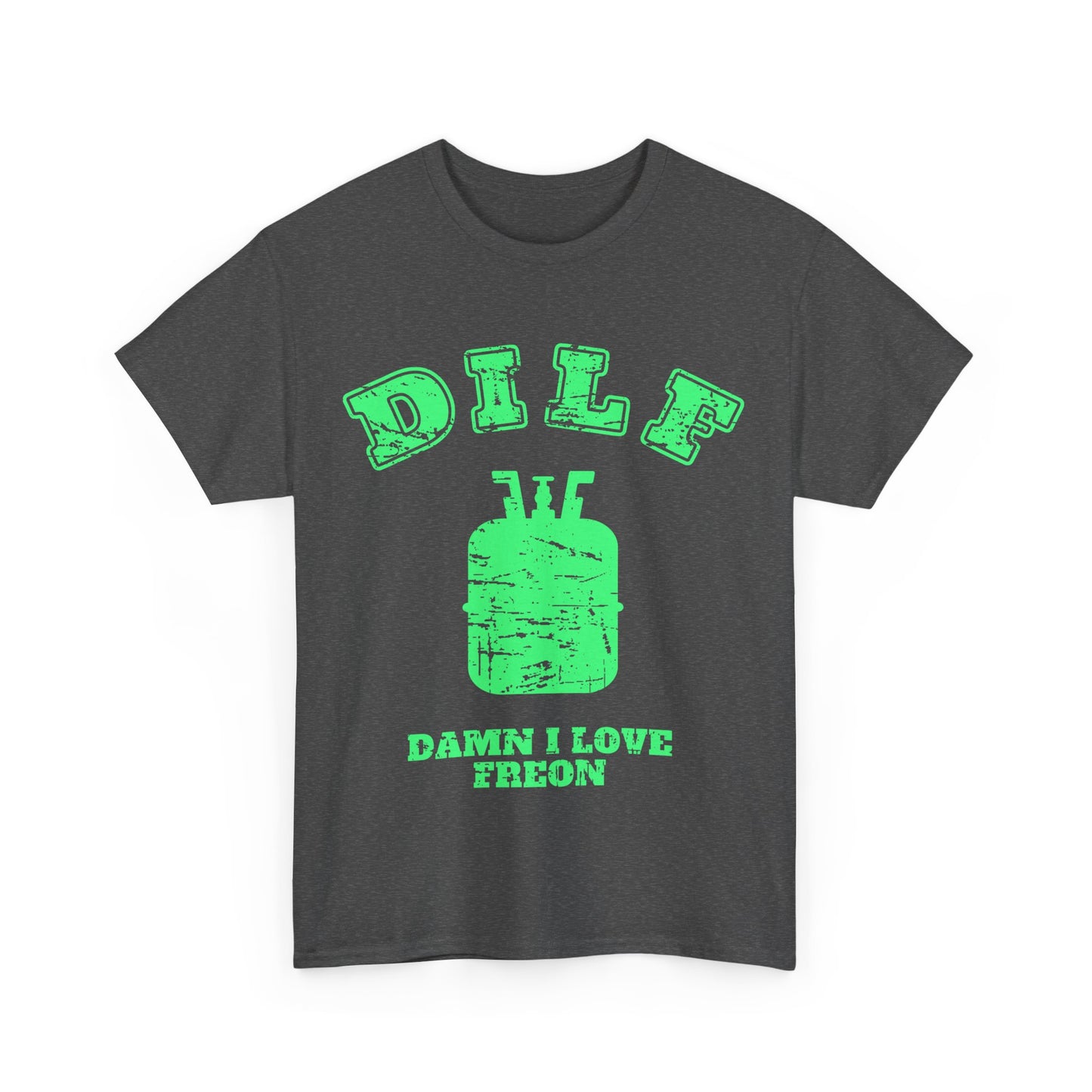 Dark Heather t-shirt with green HVAC DILF graphic and text on a white background