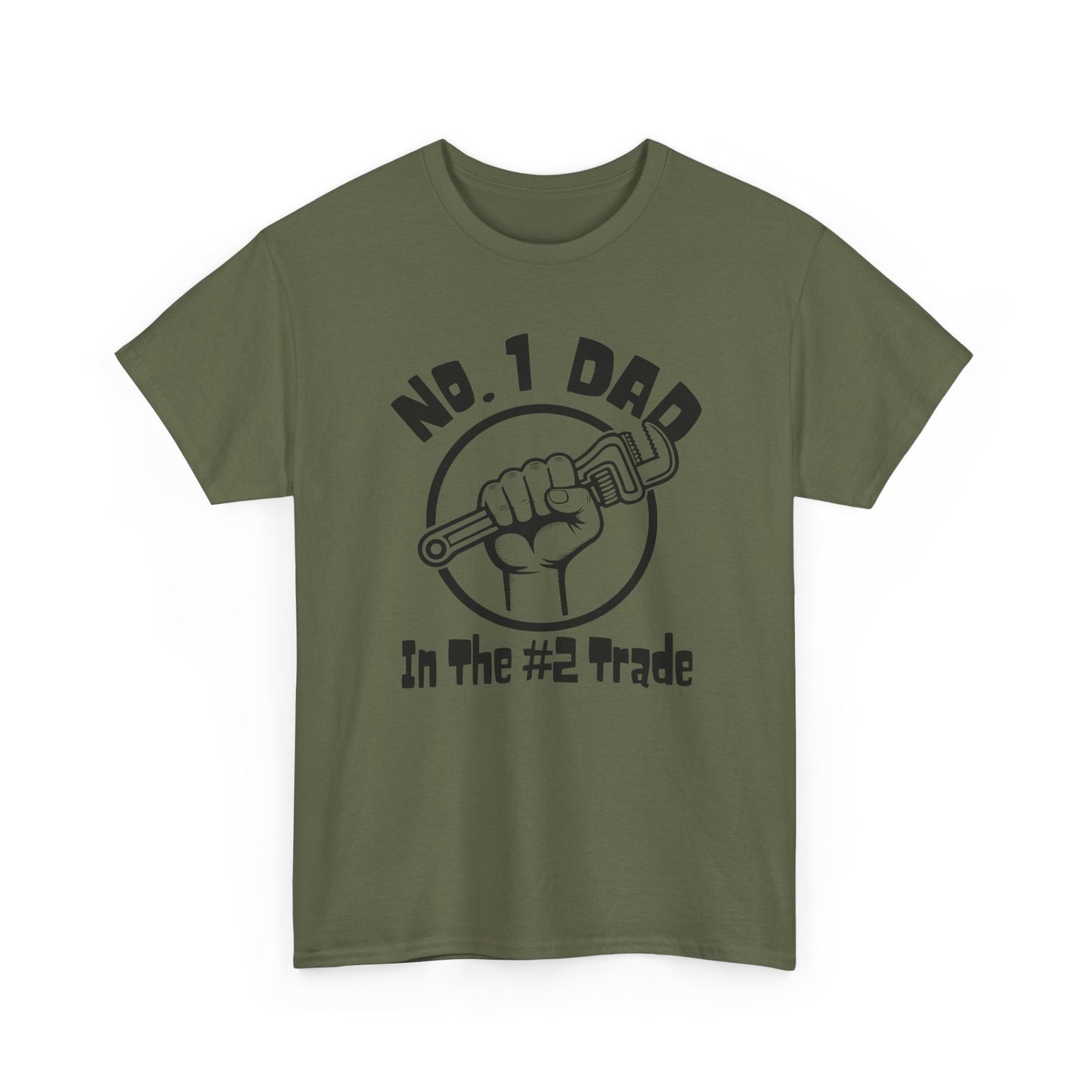 Green t-shirt with black pipewrench graphic and Plumber dad text on a white background