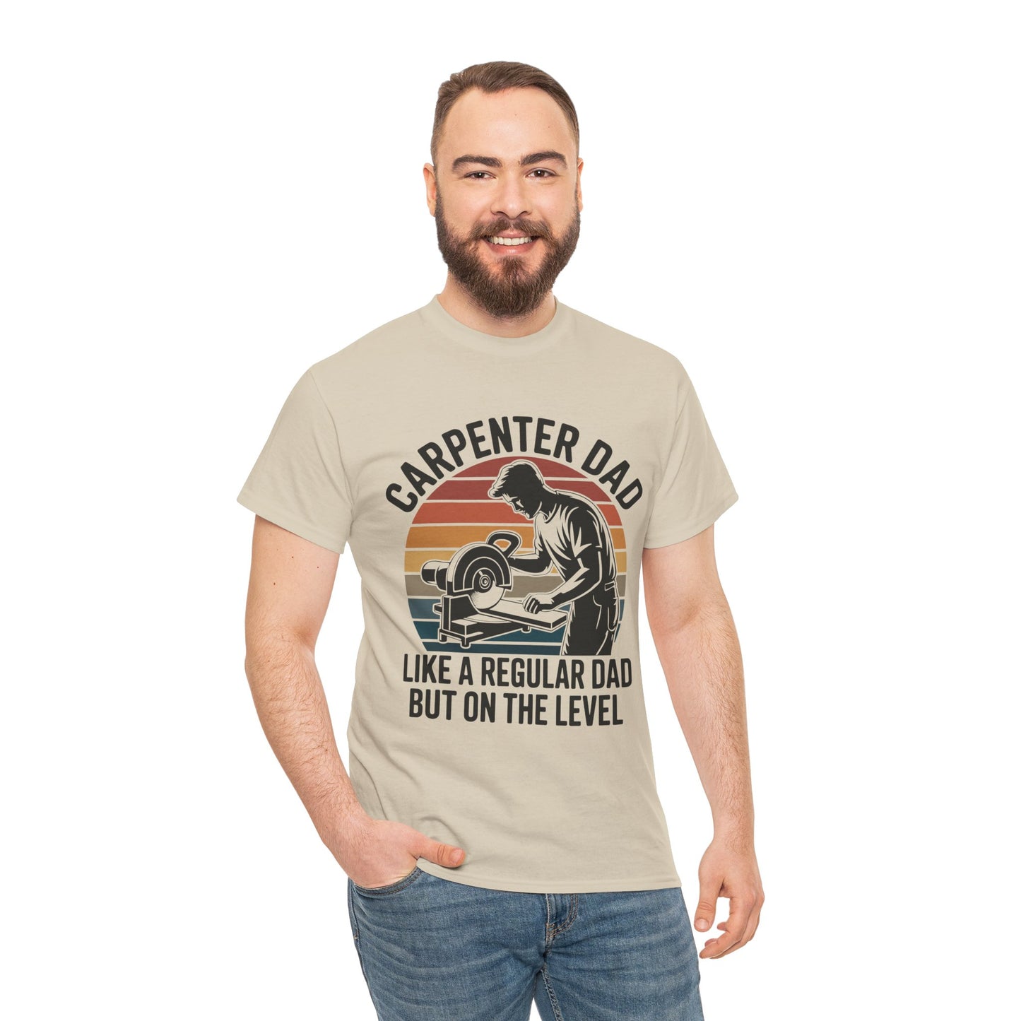 Man wearing a Beige t-shirt with a graphic of a carpenter and Carpenter Dad text on a white background