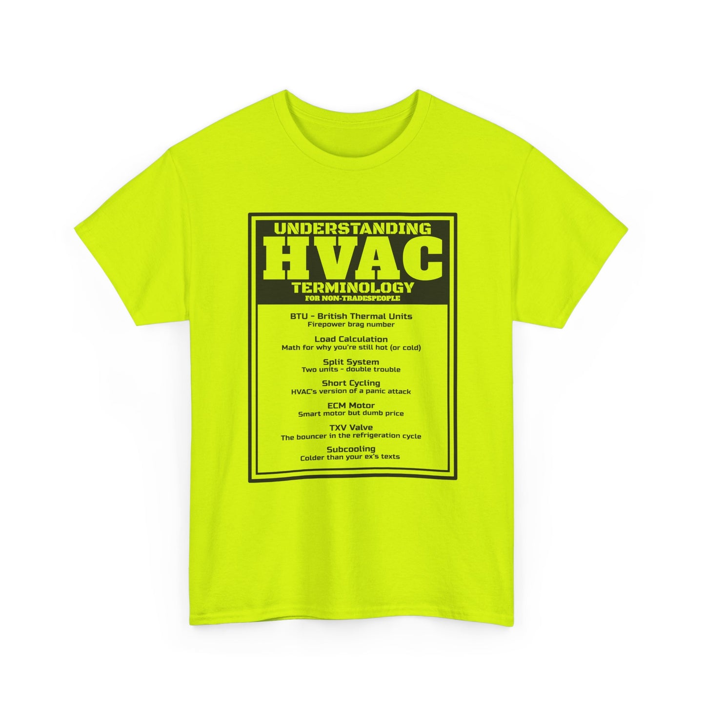 Neon green t-shirt with HVAC terminology text on a white background