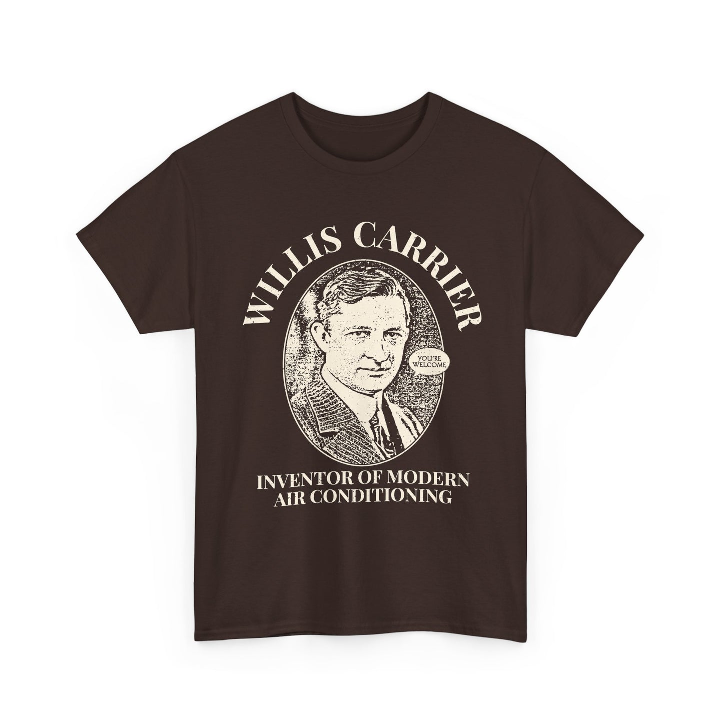 Brown HVAC t-shirt with a graphic of Willis Carrier and text on a white background