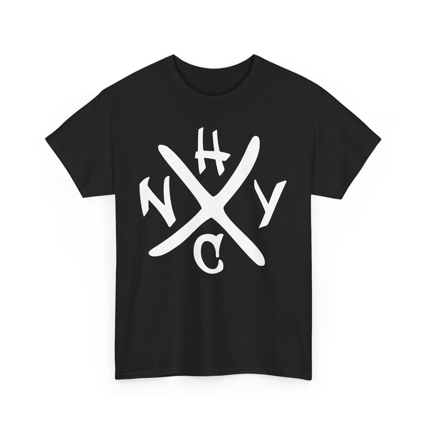 Black t-shirt with white 'NYHC' logo on a white background