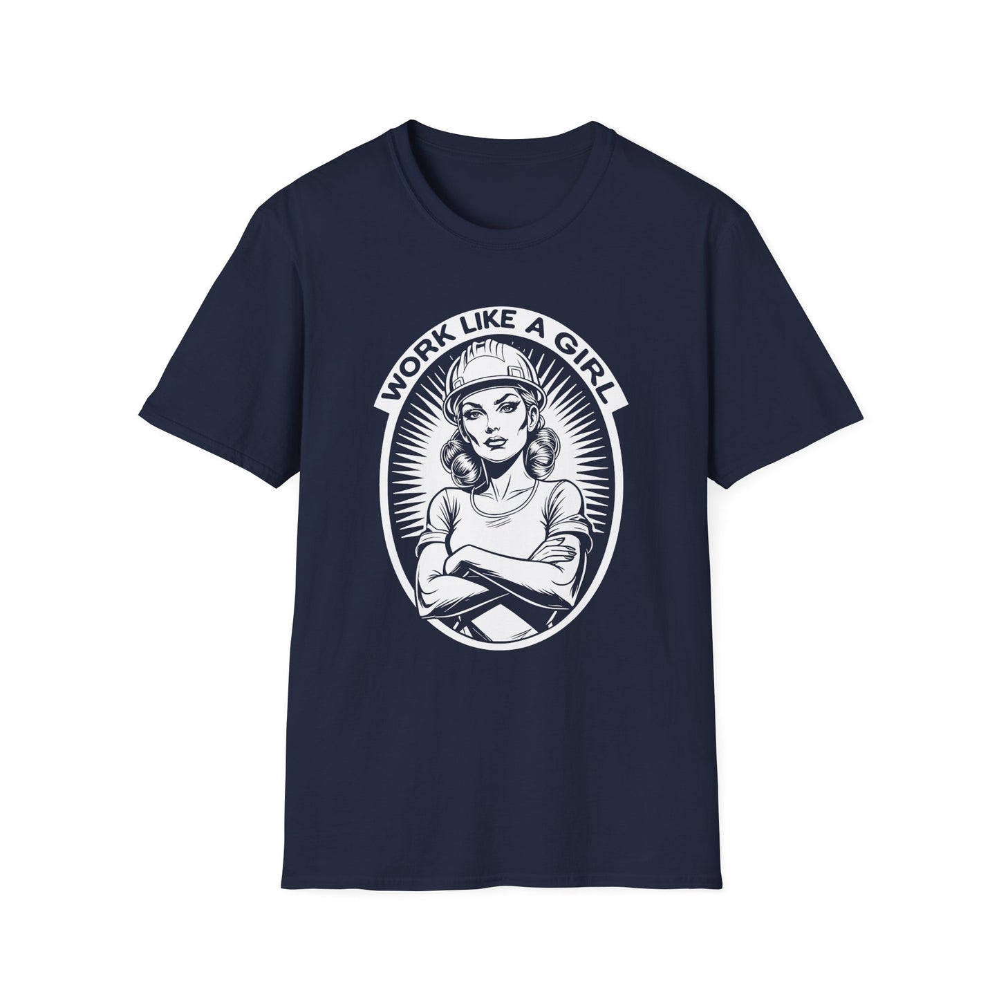 Navy Blue t-shirt with graphic design and text 'Work Like a Girl'