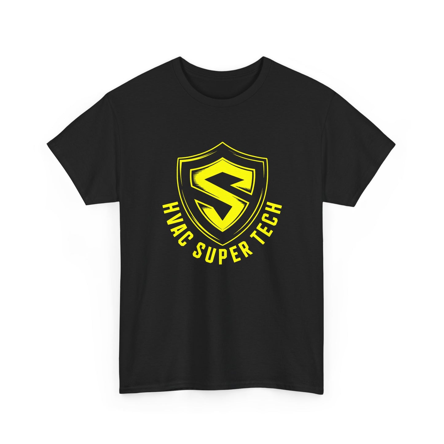 Black t-shirt with yellow HVAC Super Tech logo on a white background