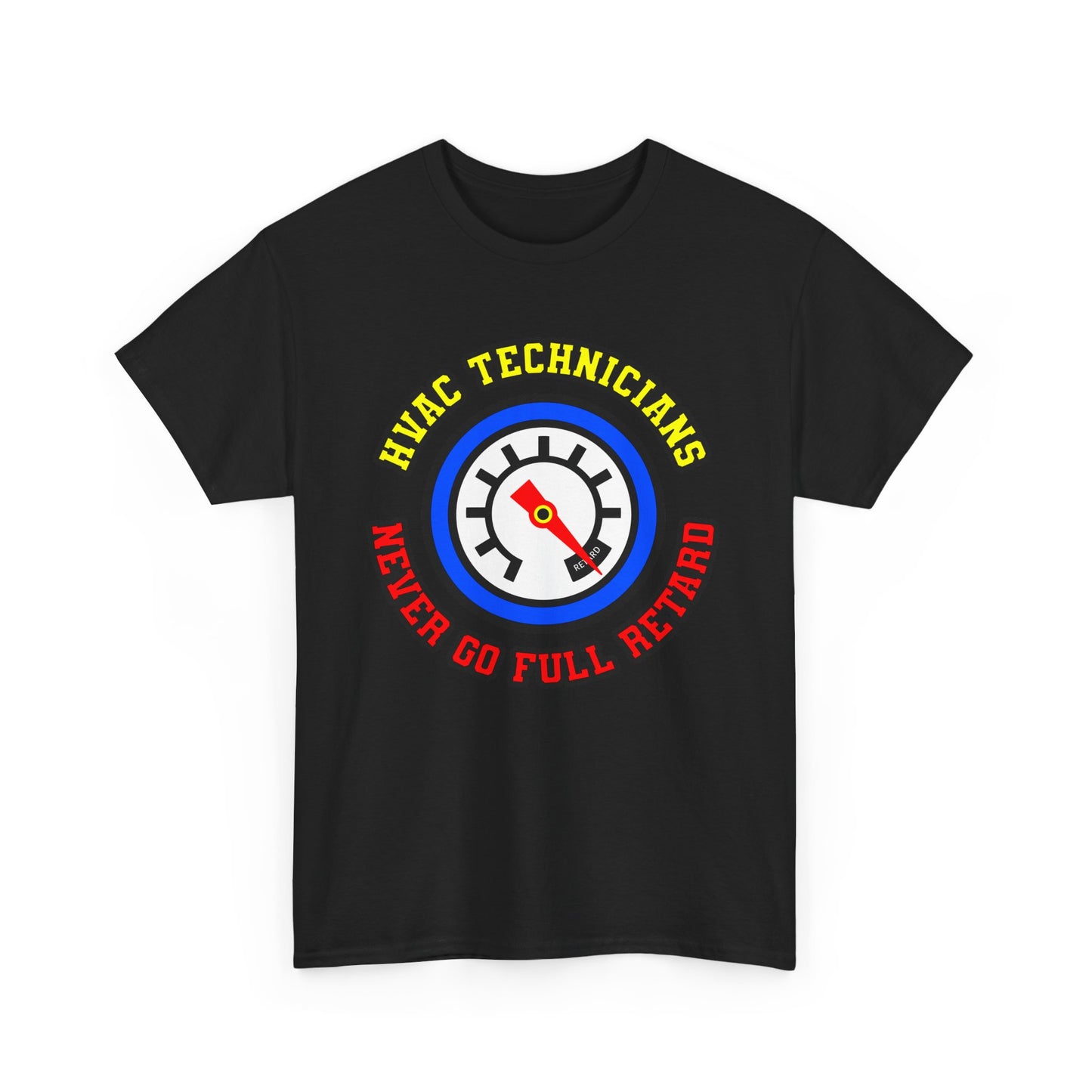 Black t-shirt with HVAC technicians graphic and text on a white background