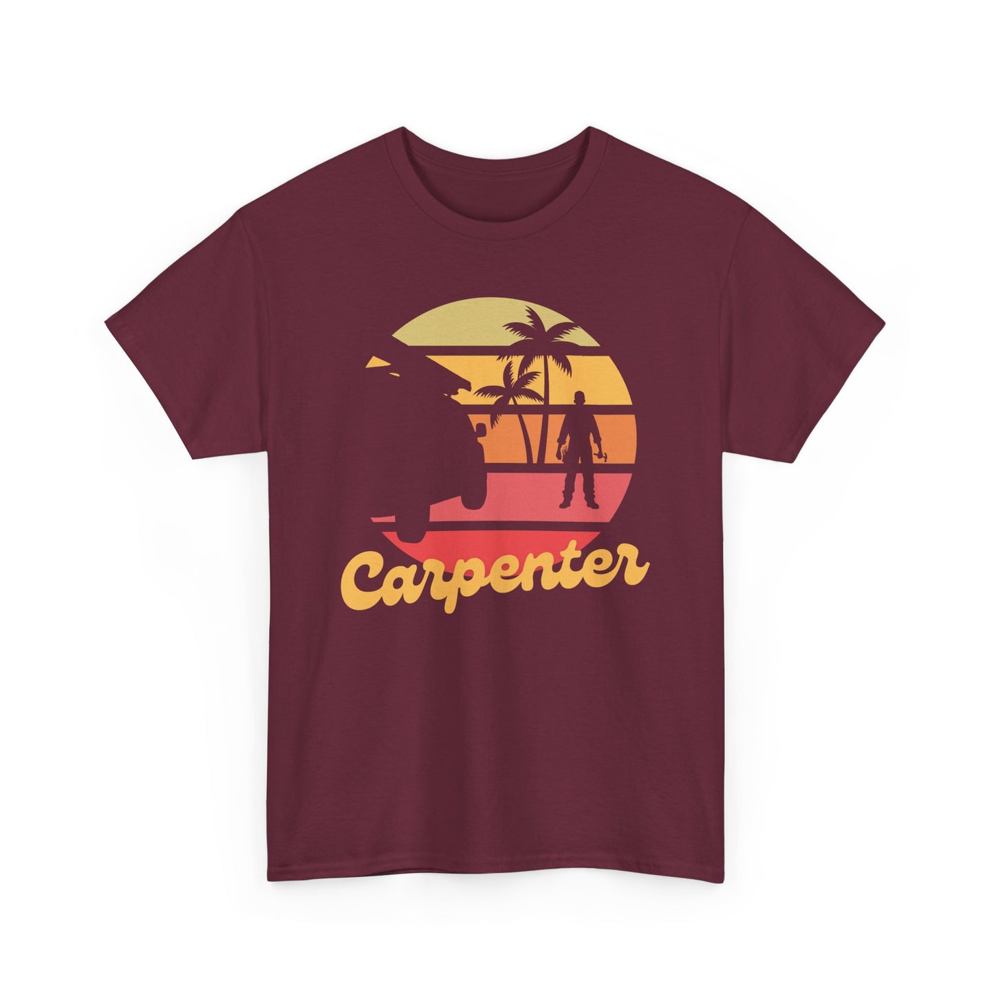 Maroon t-shirt with a 'Carpenter' graphic design featuring palm trees and a sunset.