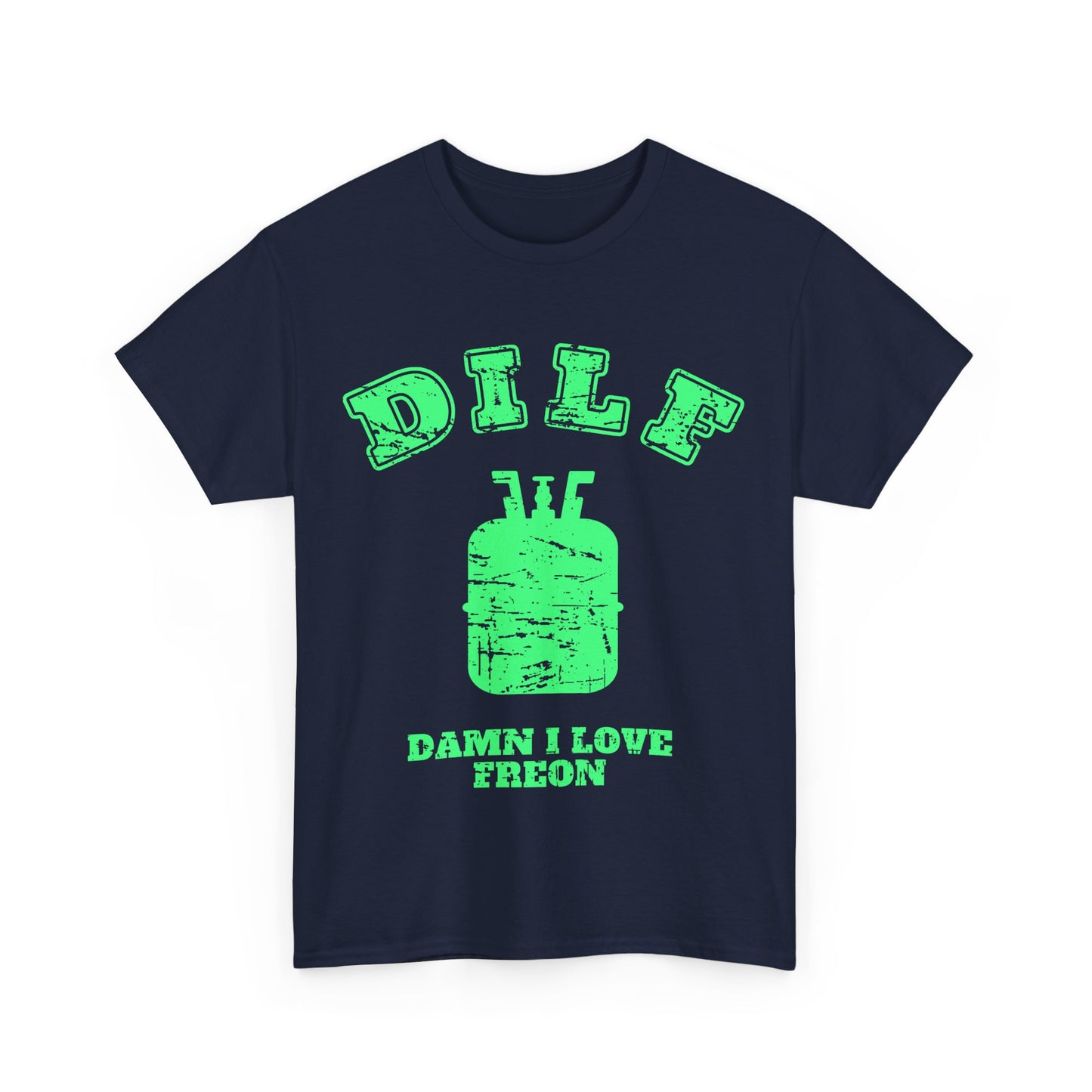 Navy Blue t-shirt with green HVAC DILF graphic and text on a white background
