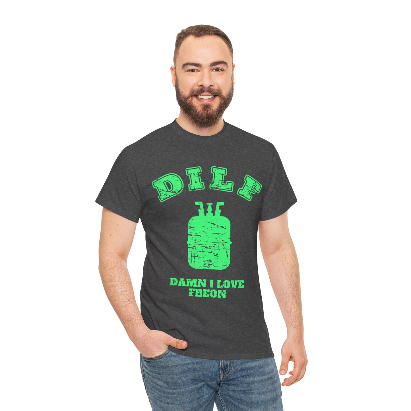 Man wearing a Dark Gray Heather t-shirt with green HVAC DILF graphic and text on a white background
