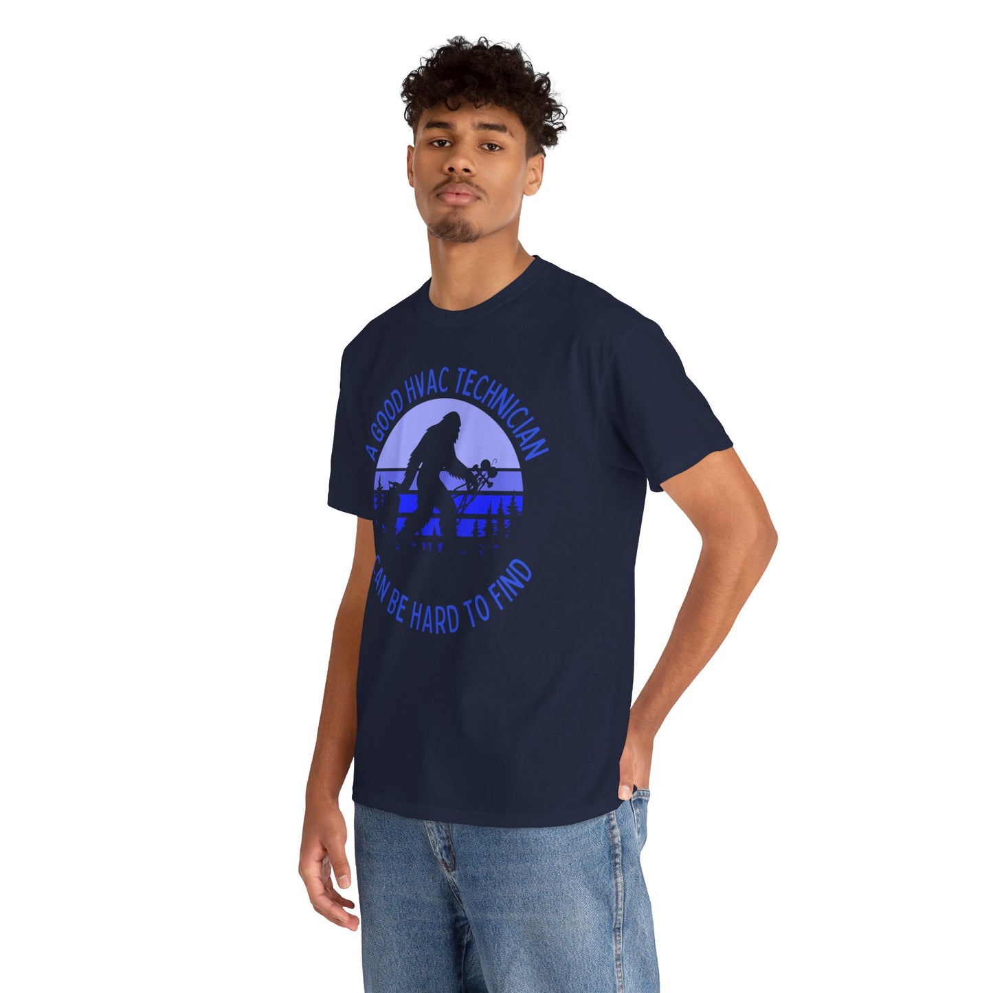 Person wearing a Navy Blue t-shirt with bigfoot graphic and funny HVAC text
