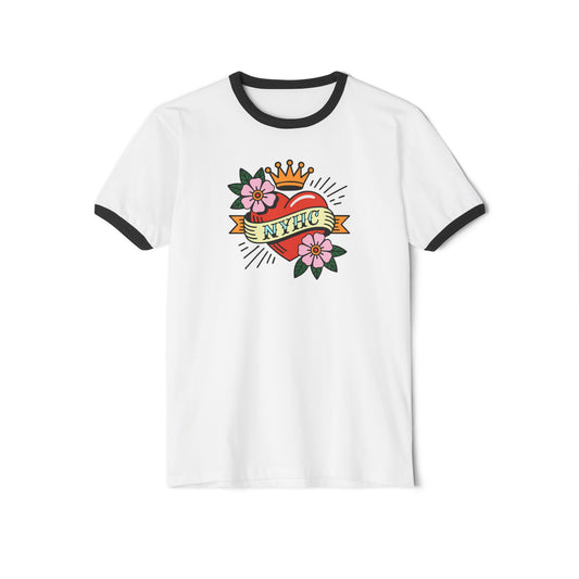 White t-shirt with black ringer sleeves featuring a colorful graphic design on a white background