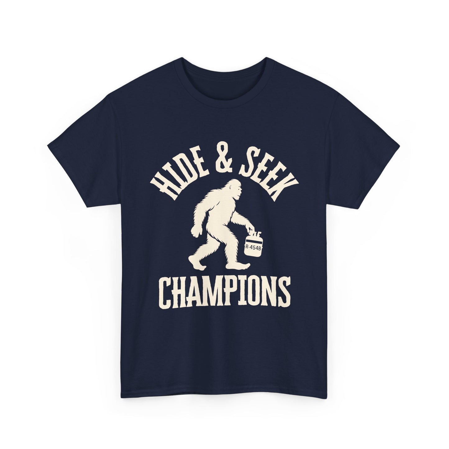 Navy blue HVAC t-shirt with white graphic and text 'Hide & Seek Champions' on a white background